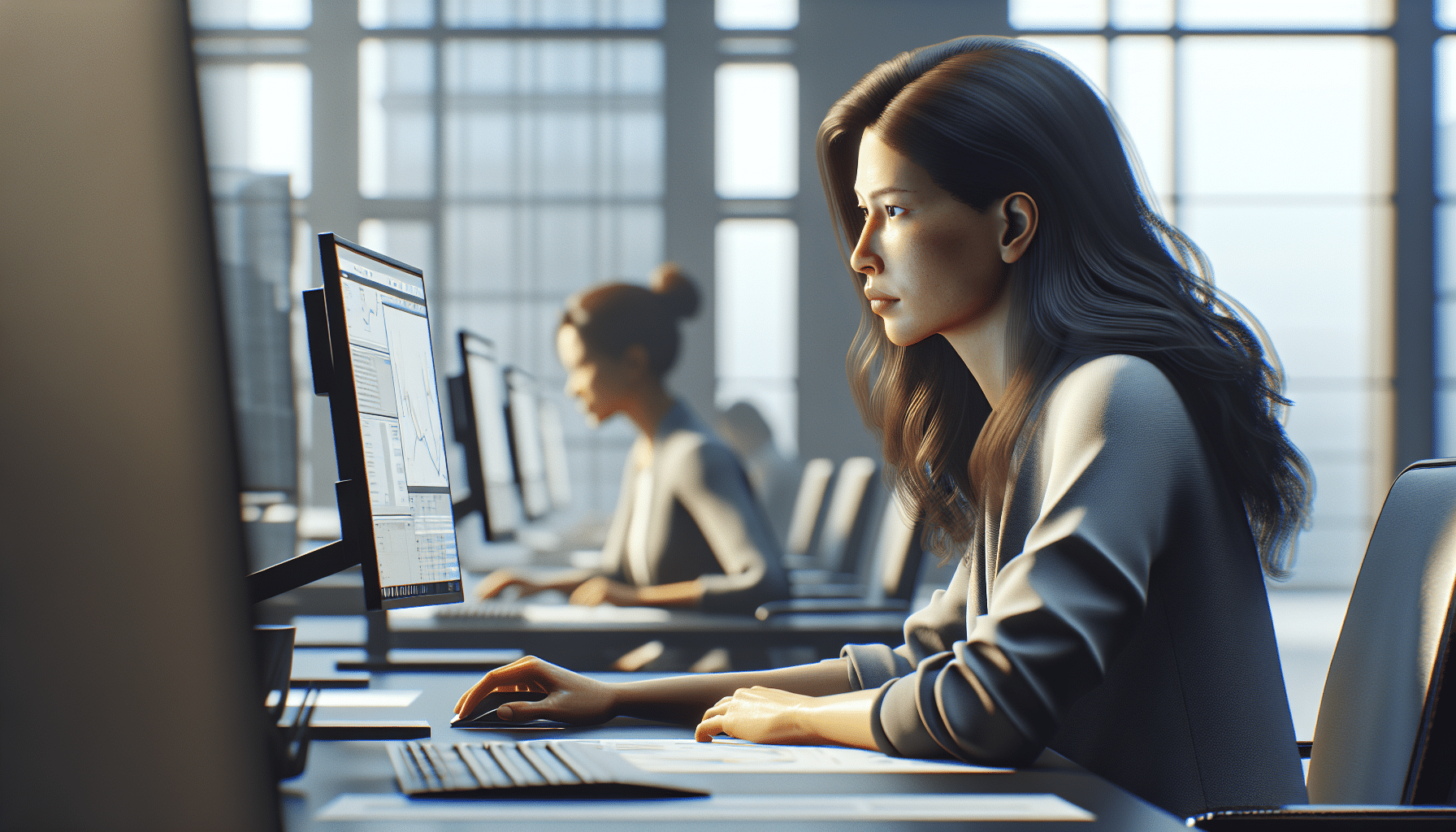 AI Projektmanagerin konzentriert am Schreibtisch im modernen BĂĽro