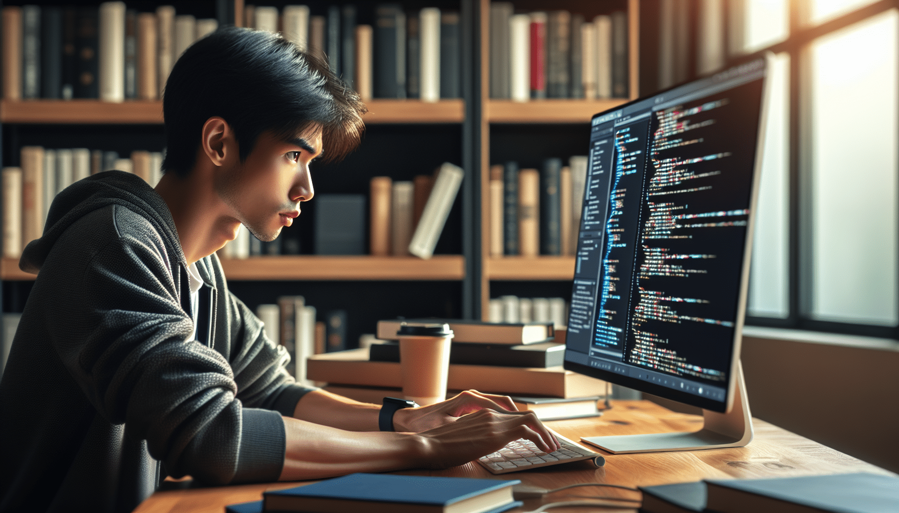 Junger Erwachsener programmiert KI am Schreibtisch