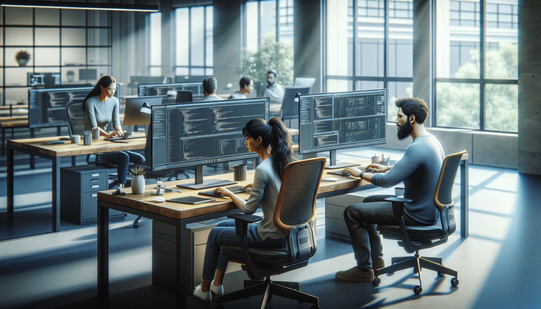 KI-Entwickler*innen im Büro gestalten zukunftsweisende Unternehmenslösungen