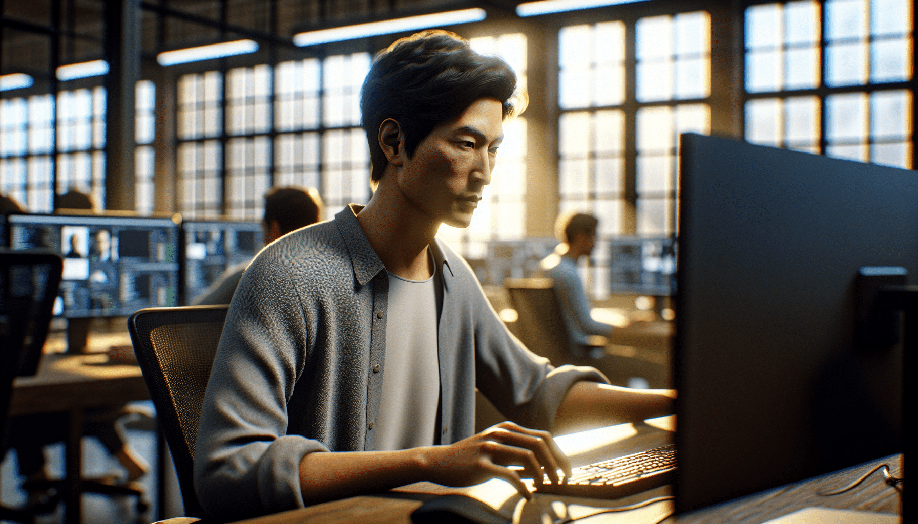 KI-Entwickler konzentriert bei Computerarbeit im modernen Büro