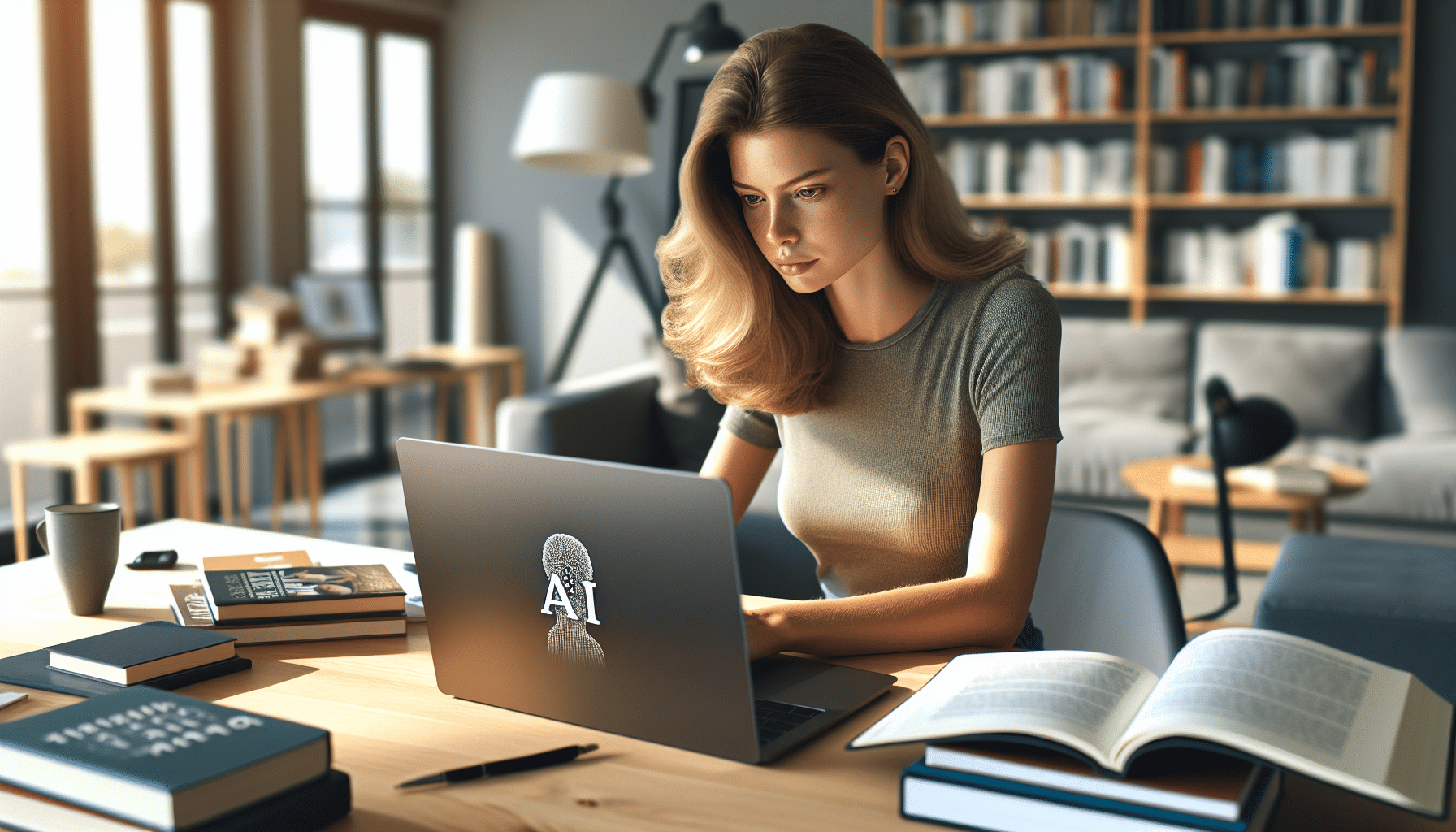 Junge Frau bei kostenloser KI-Weiterbildung am Laptop