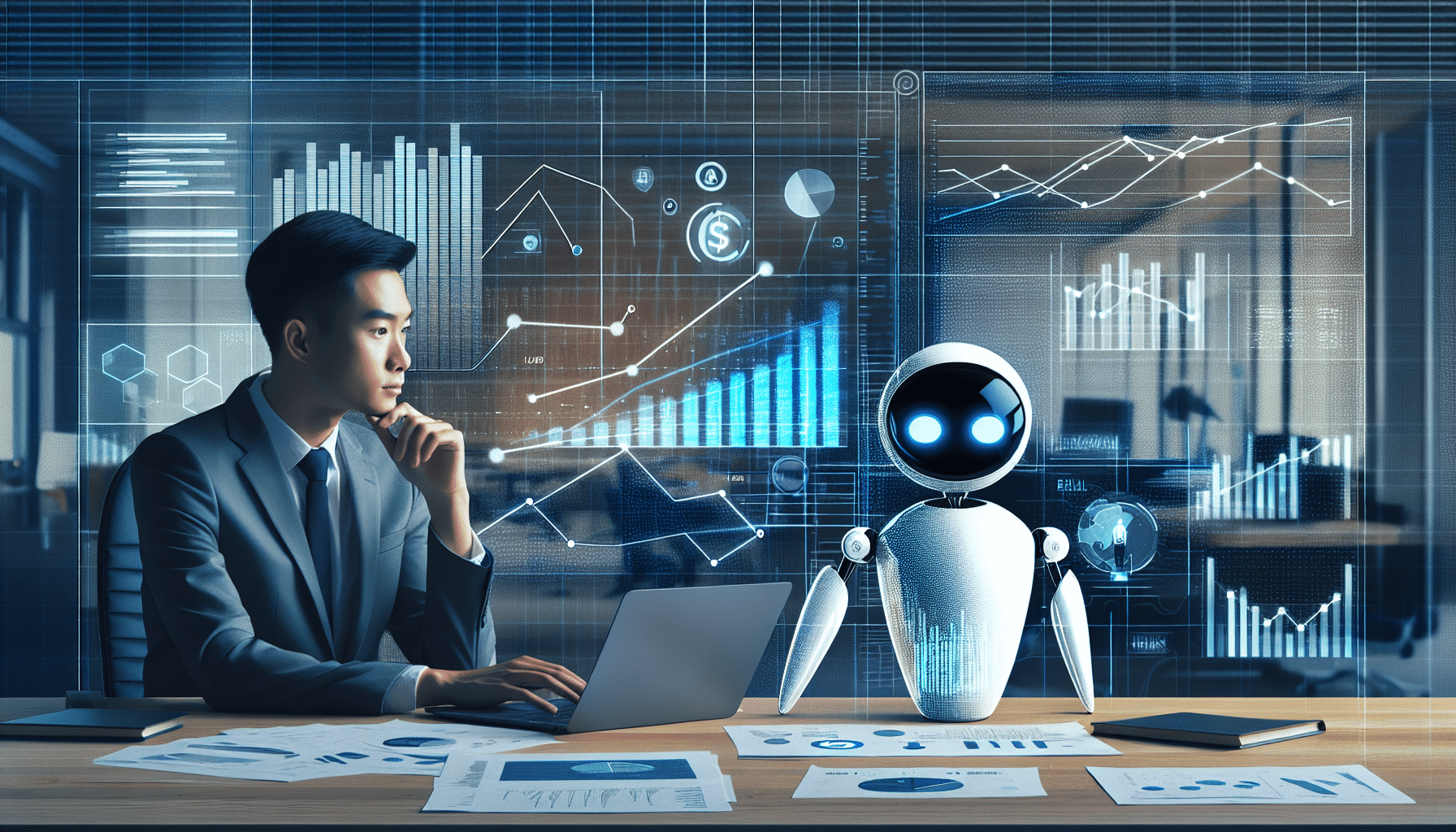 Finanzcontroller analysiert KI-Chatbot-Diagramme im Büro