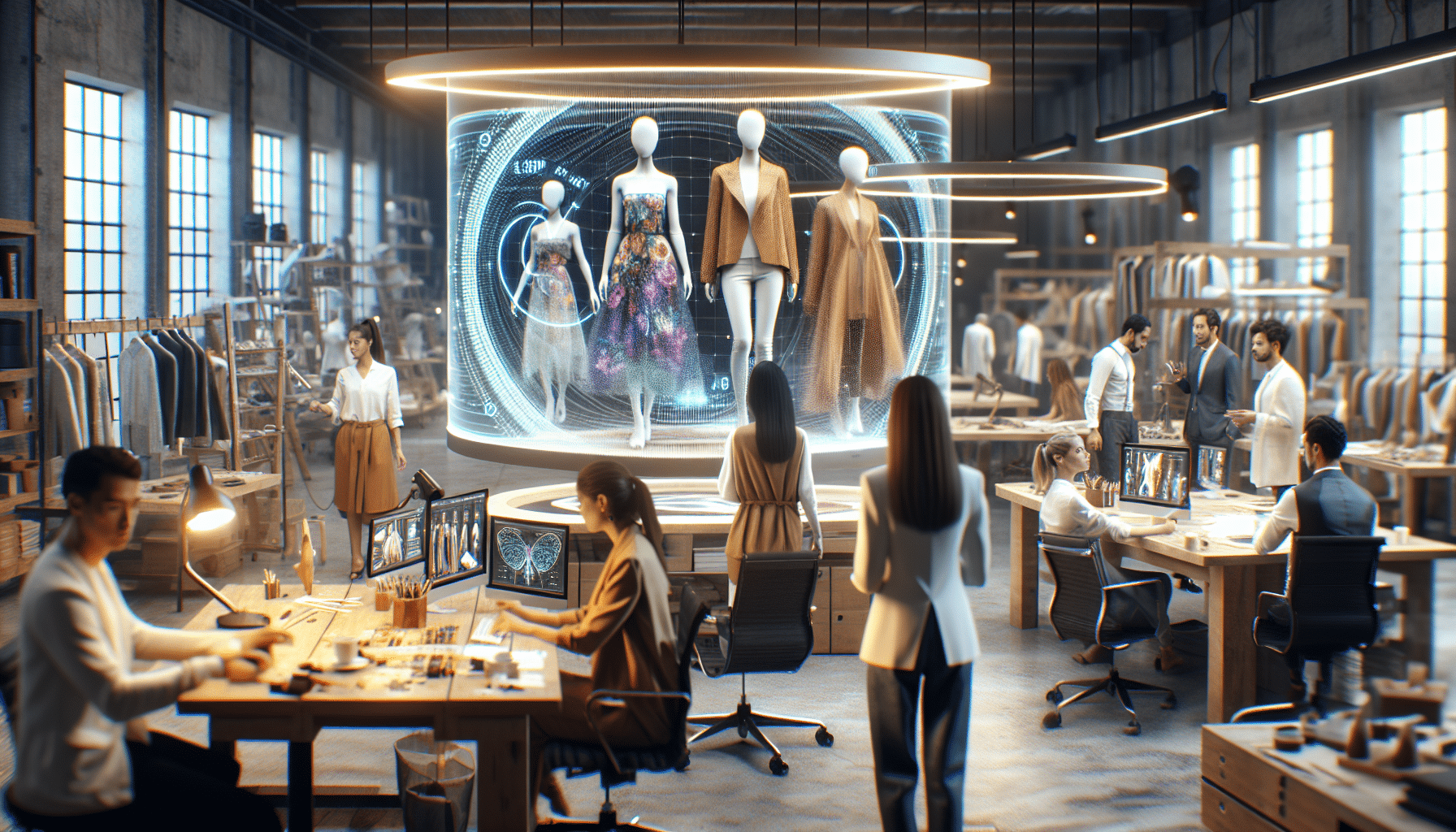 "Designer*innen arbeiten mit KI-gesteuerten holografischen Bildschirmen"