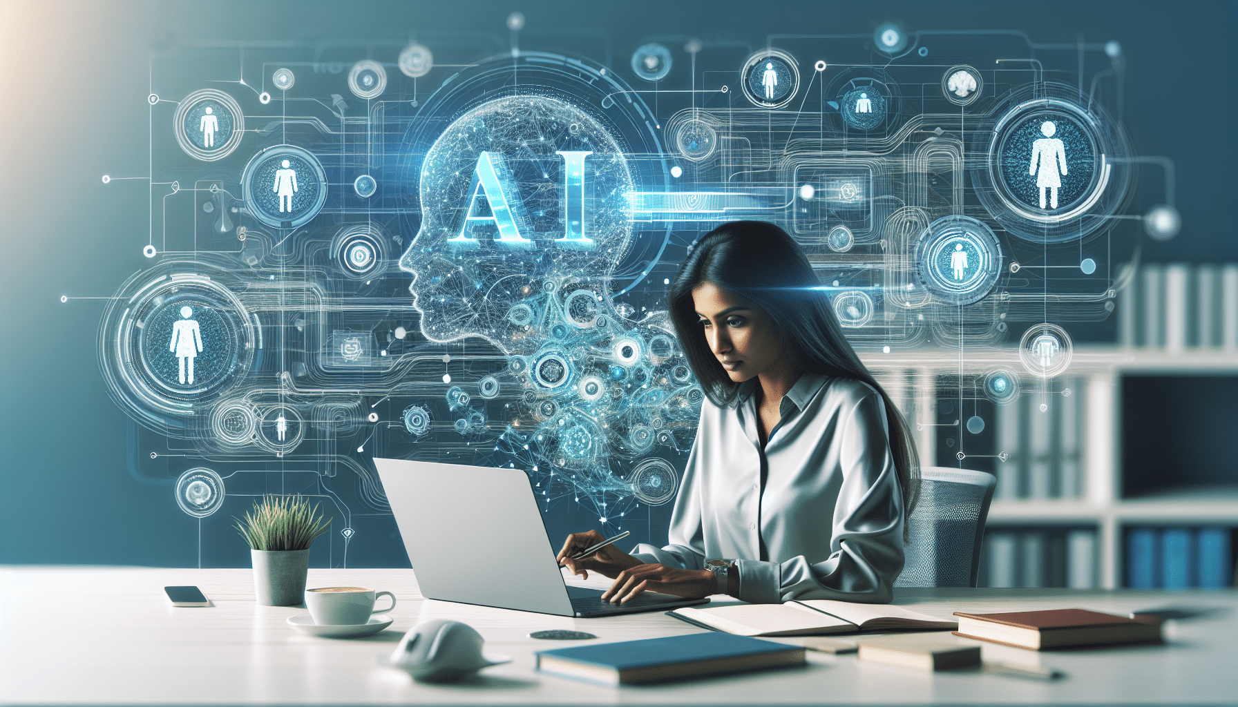 AI Prompt Engineer Freelancerin im vernetzten digitalen Arbeitsplatz