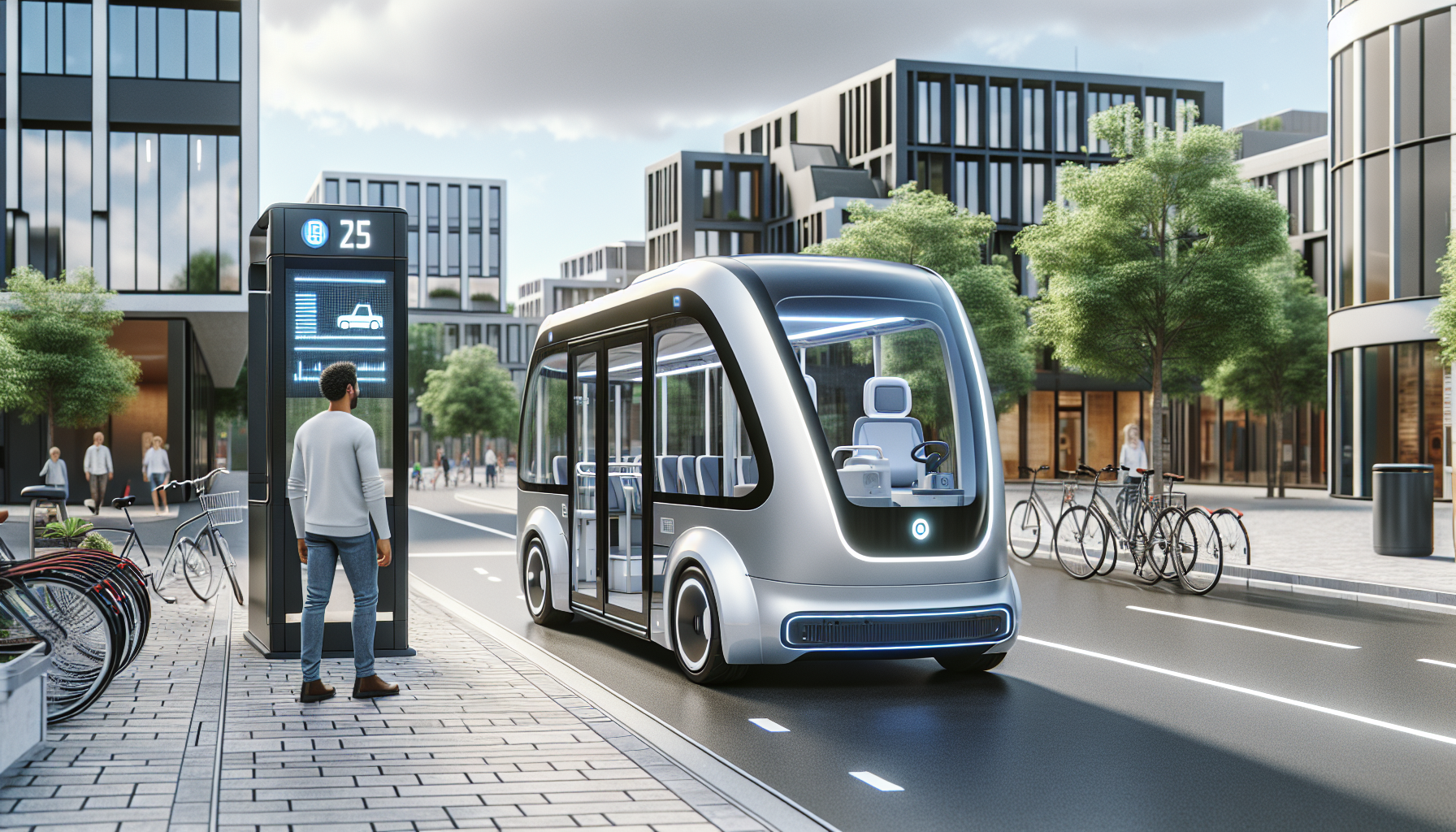 Futuristischer autonomer Shuttlebus im Stadtverkehr