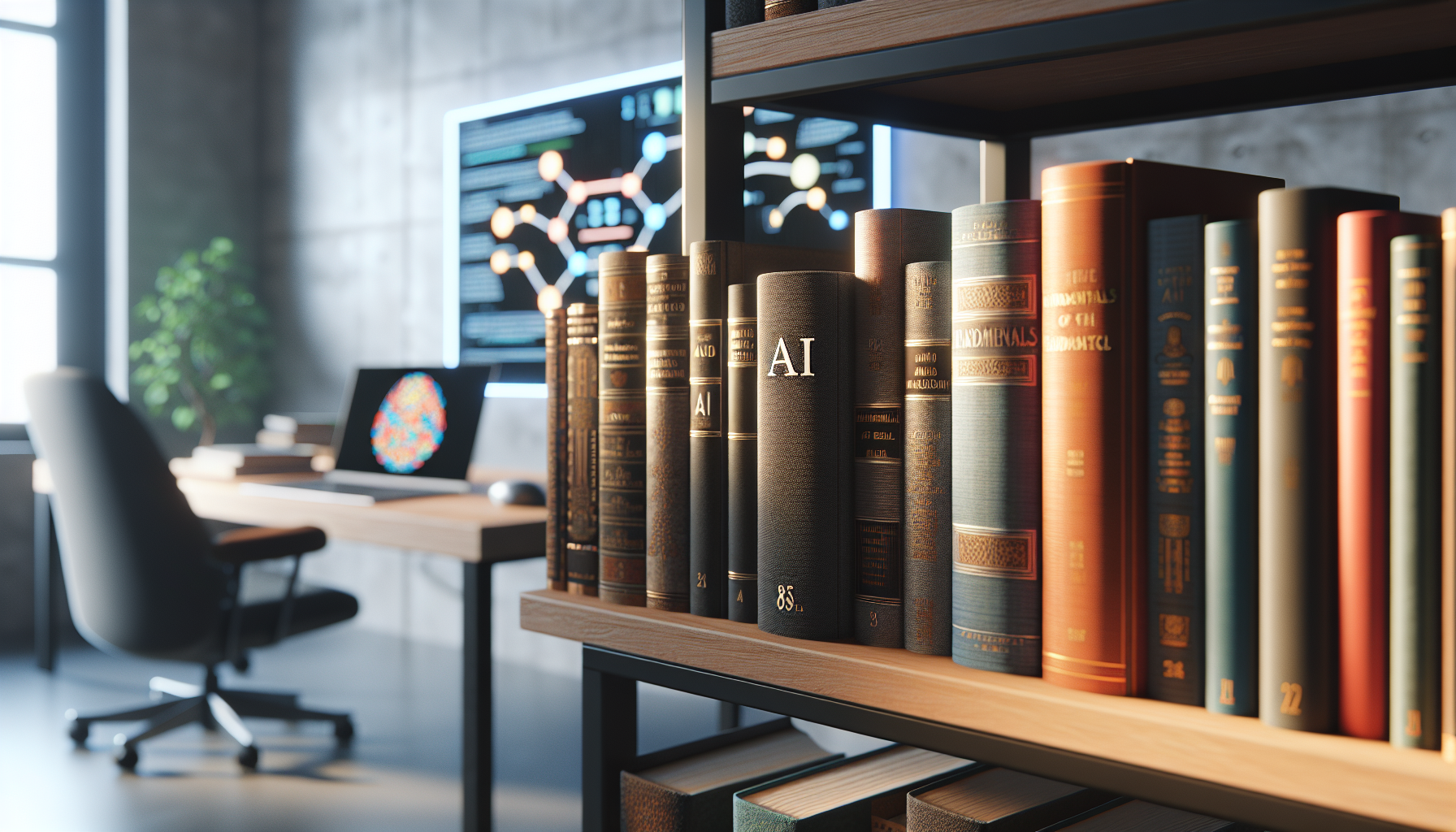 Bücherregal mit unscharfen KI-Grundlagenbüchern im modernen Arbeitsbereich