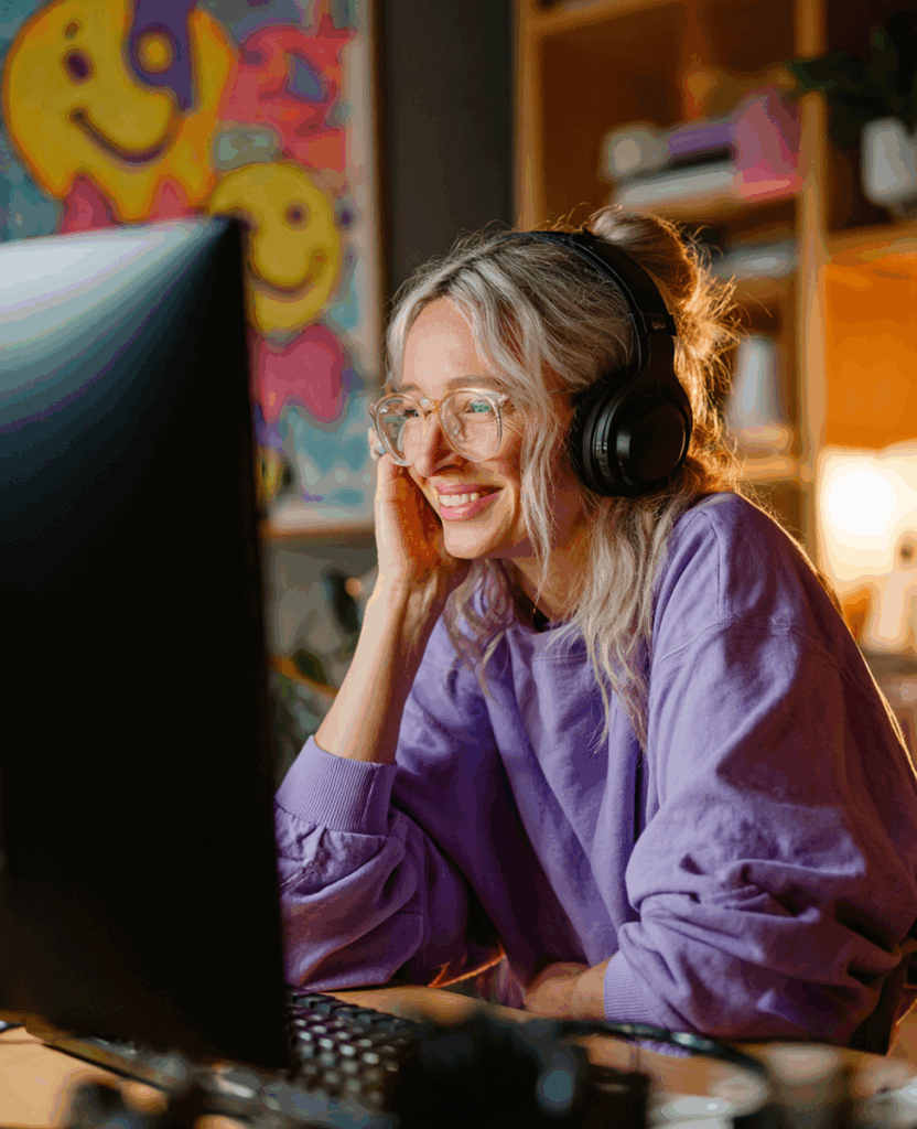 Frau mit Brille sitzt vor einem Screen mit Kopfhörern auf und einem glücklichem Gesicht