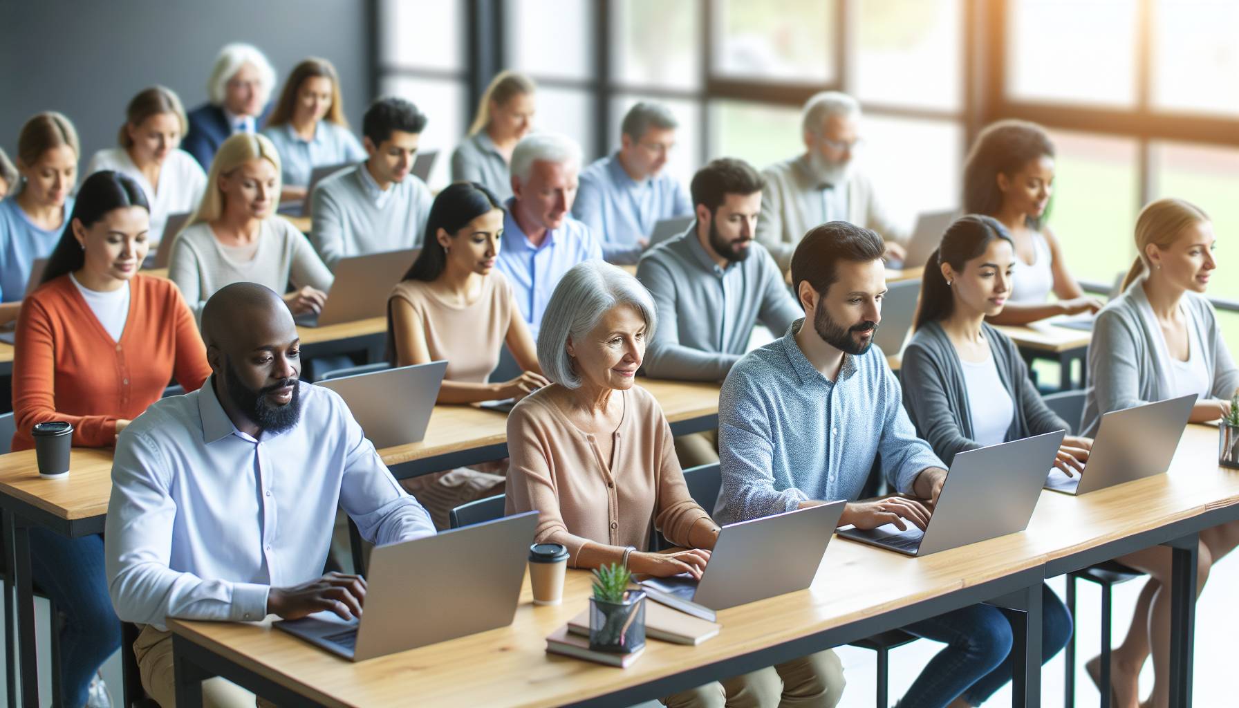 Erwachsene lernen im KI-Kompetenz Kurs mit Laptops