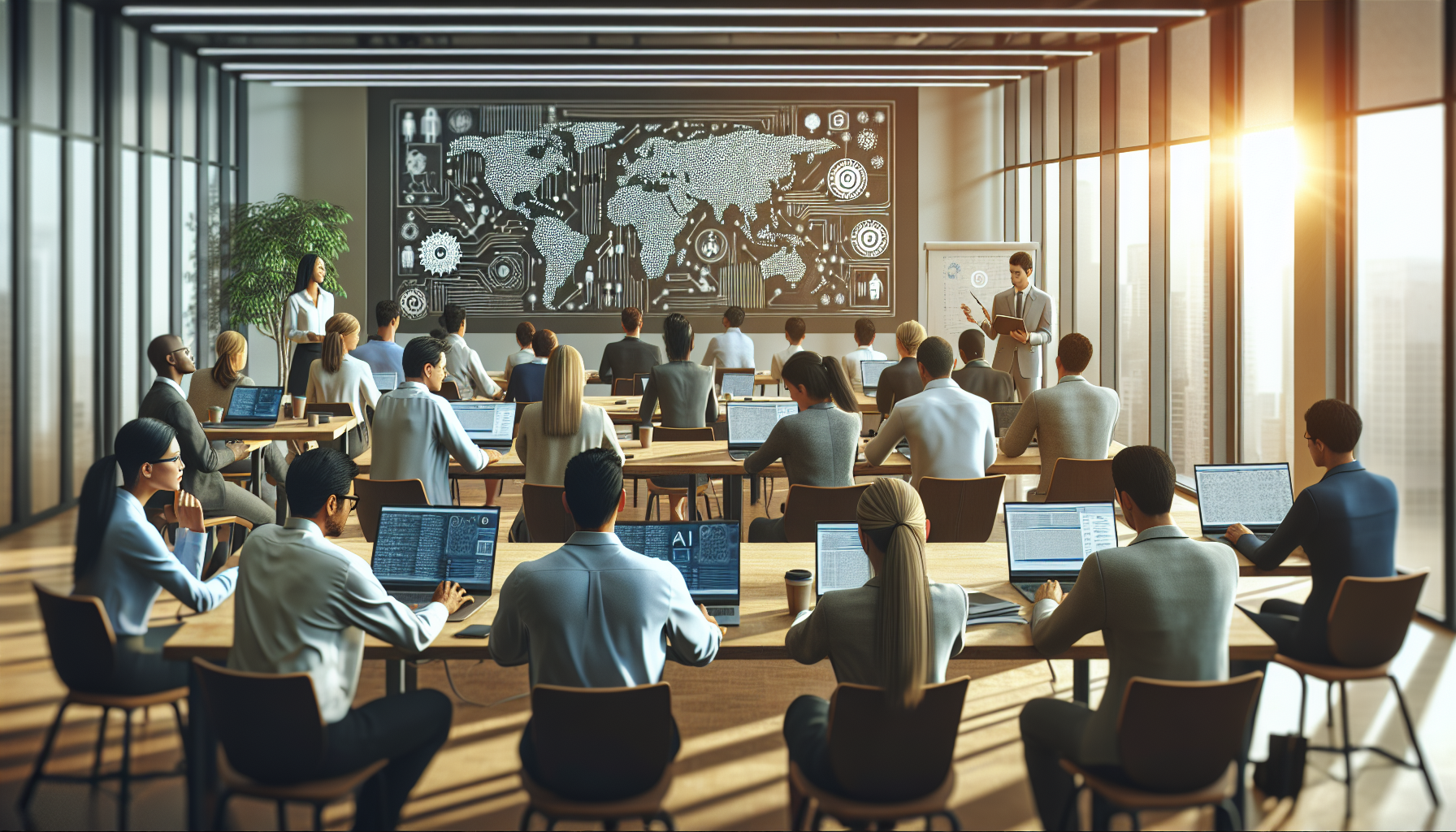 Führungskräfte bei KI-Kompetenz Weiterbildung im modernen Büro