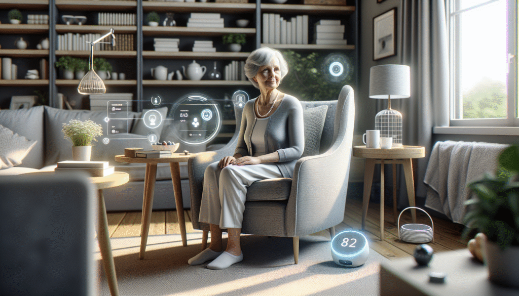 Alt-Tag: "Seniorin mit KI-unterstütztem Smart Home-System"
