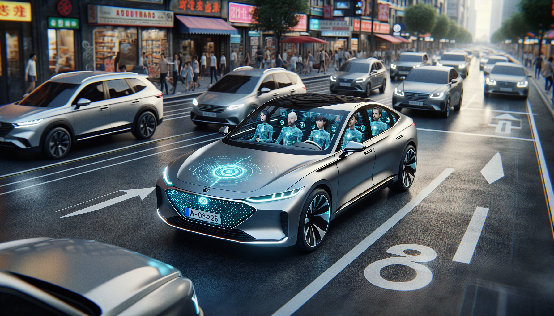 Auto mit KI-Technologie auf belebter Stadtstraße