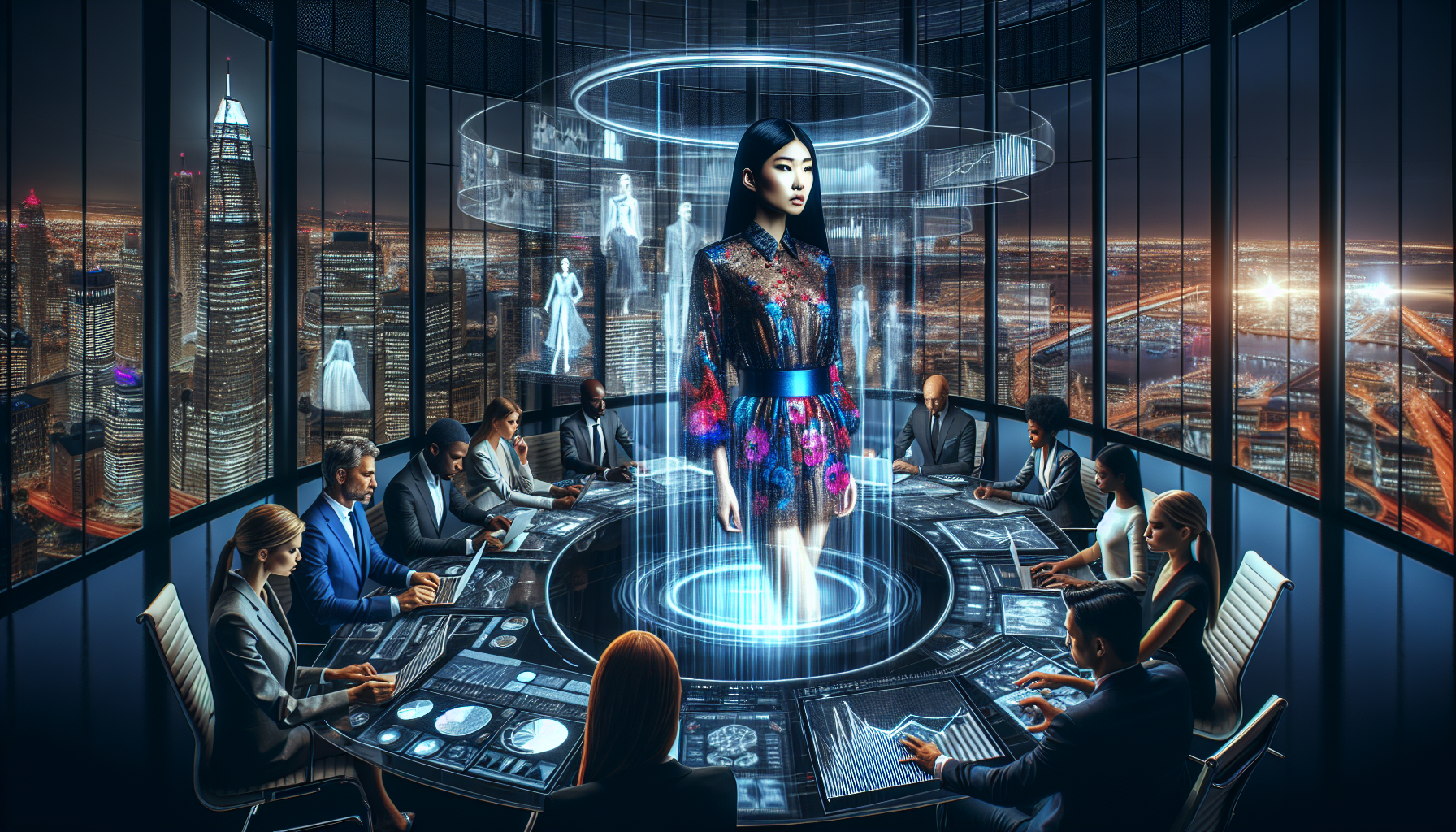 Hologramm-Model im futuristischen Modebüro.