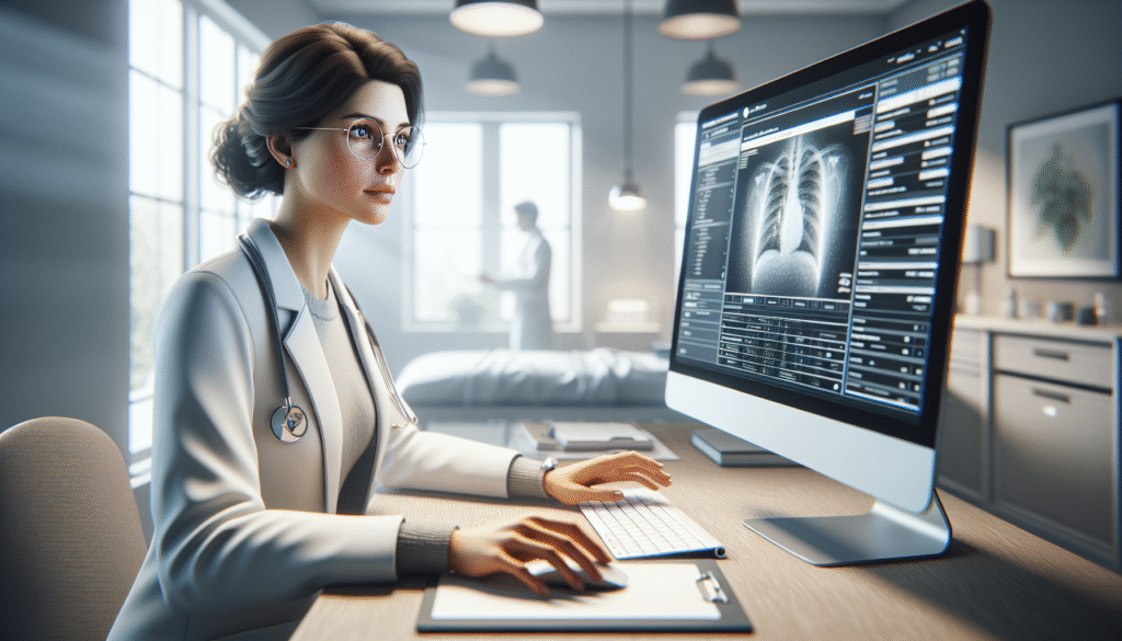 Ärztin überprüft digitale Patientenakte im Büro.