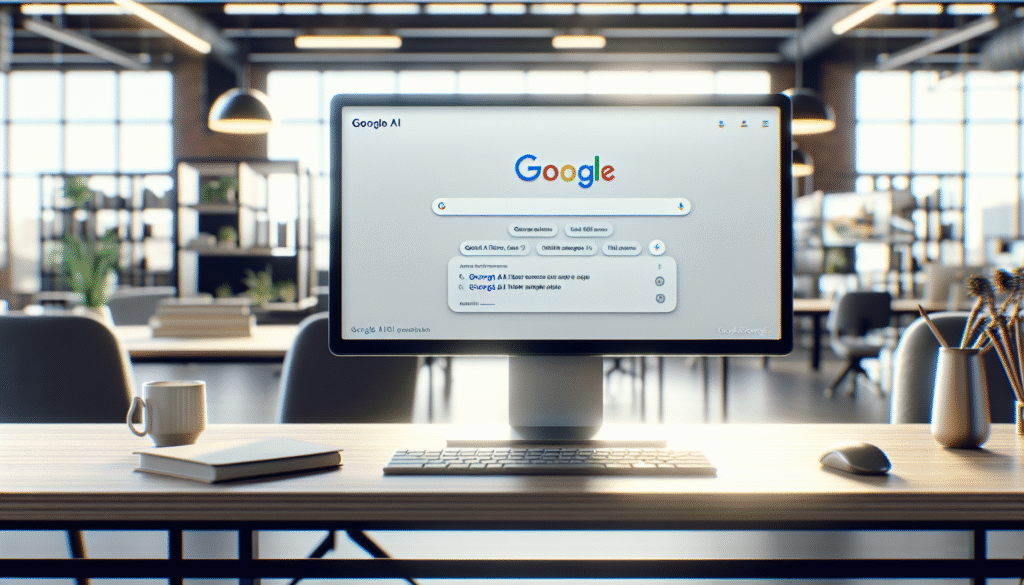 Computer zeigt Google KI-Modus in modernem Büro
