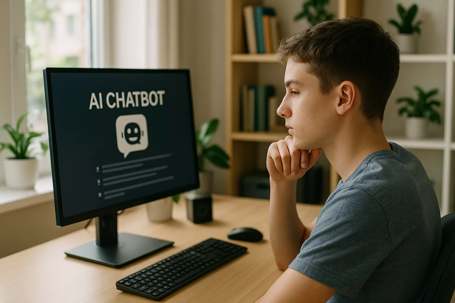 Teenager analysiert KI-Chatbot-Altersgrenze am Computer