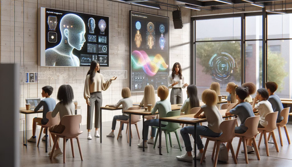 Lehrer*in unterrichtet KI mit digitalem Whiteboard