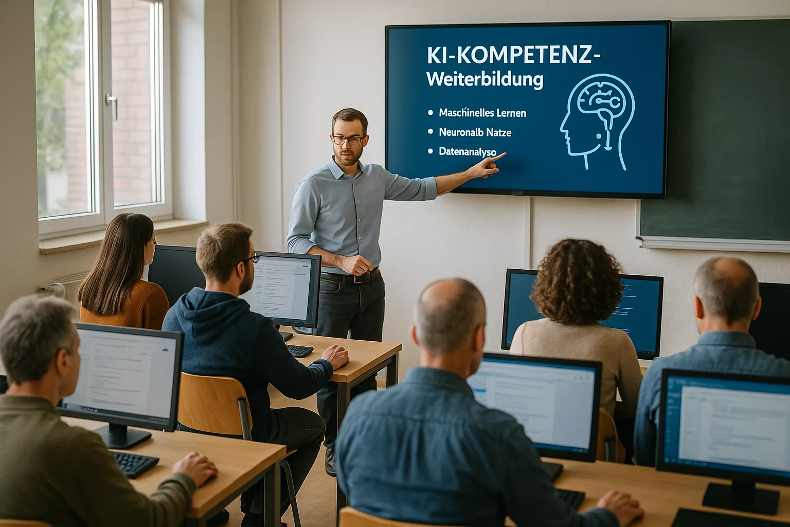 Erwachsene in KI-Weiterbildung im modernen Klassenzimmer
