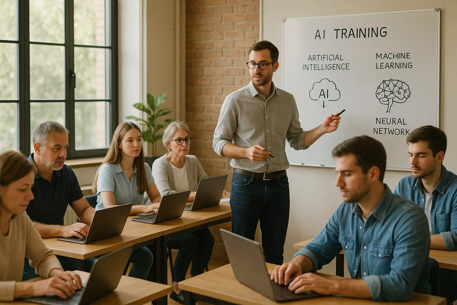 Mitarbeiter bei KI-Weiterbildung im modernen Büro