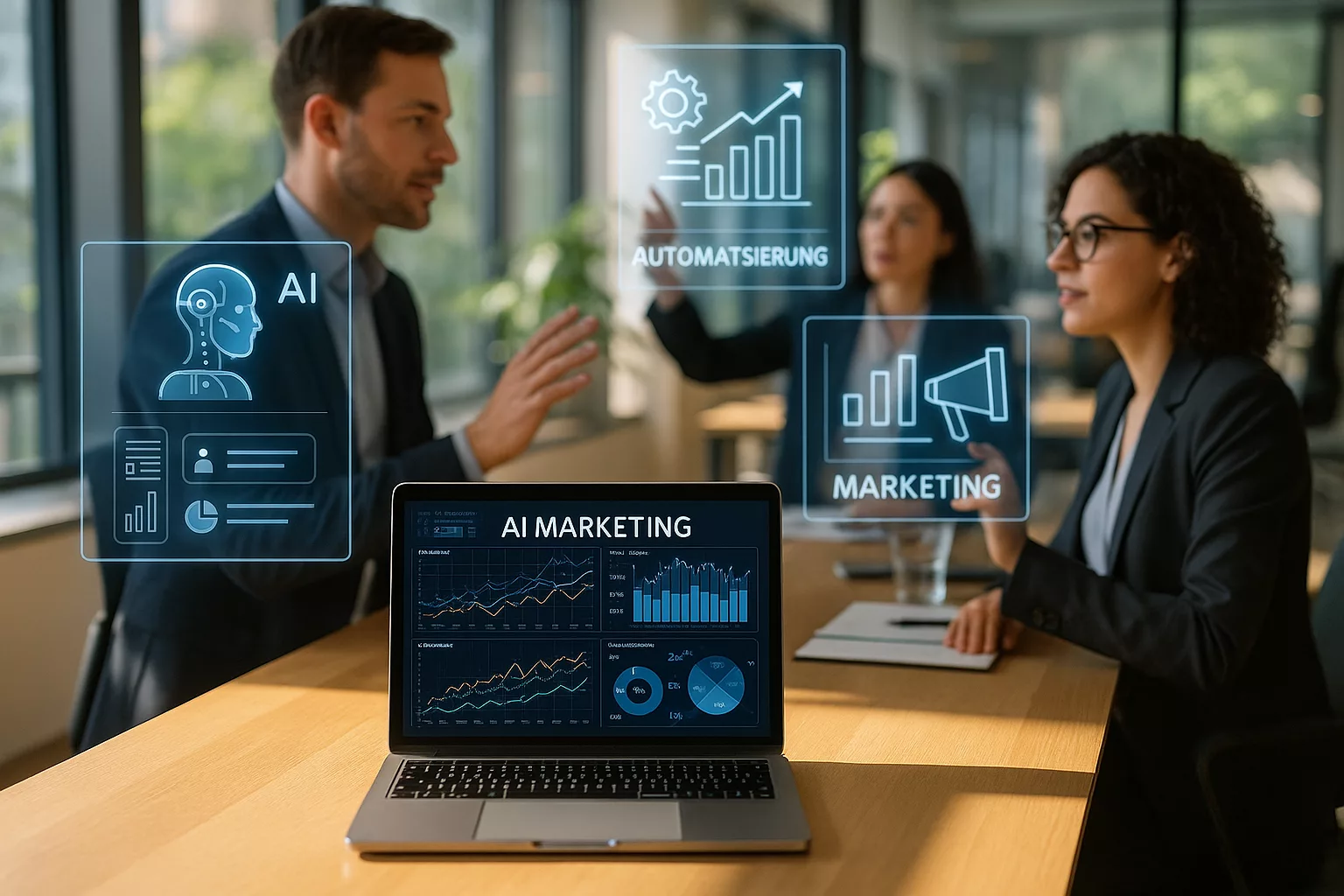 Modernes Büro mit KI-Agenten und Marketing-Automatisierungen
