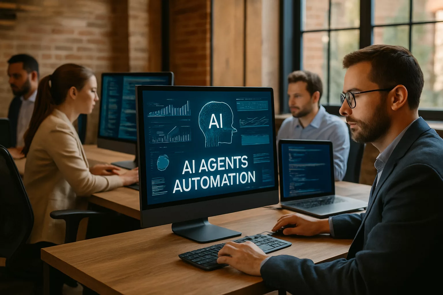 Fachleute nutzen KI-Agenten in modernem Büro