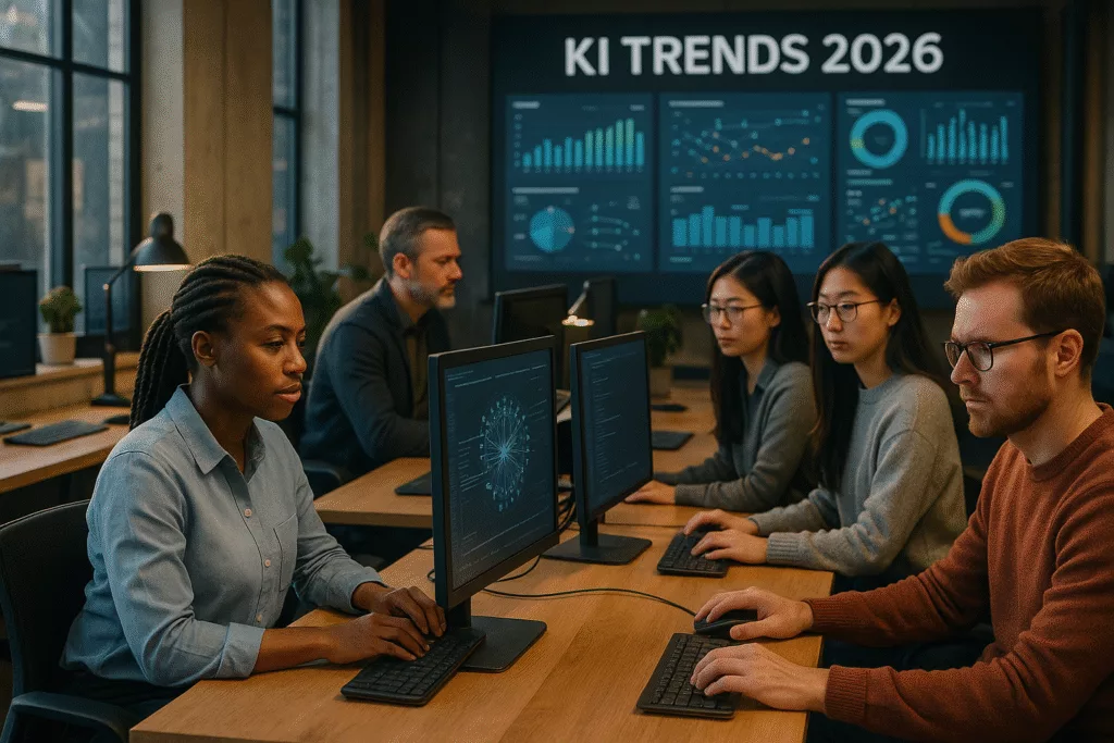 Futuristisches Büro mit KI-gesteuerter Software 2026