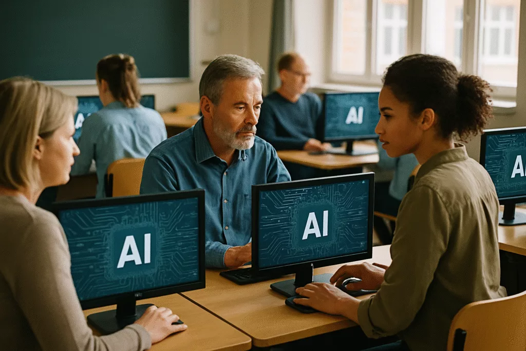 Erwachsene nutzen KI-Programme im modernen Klassenzimmer