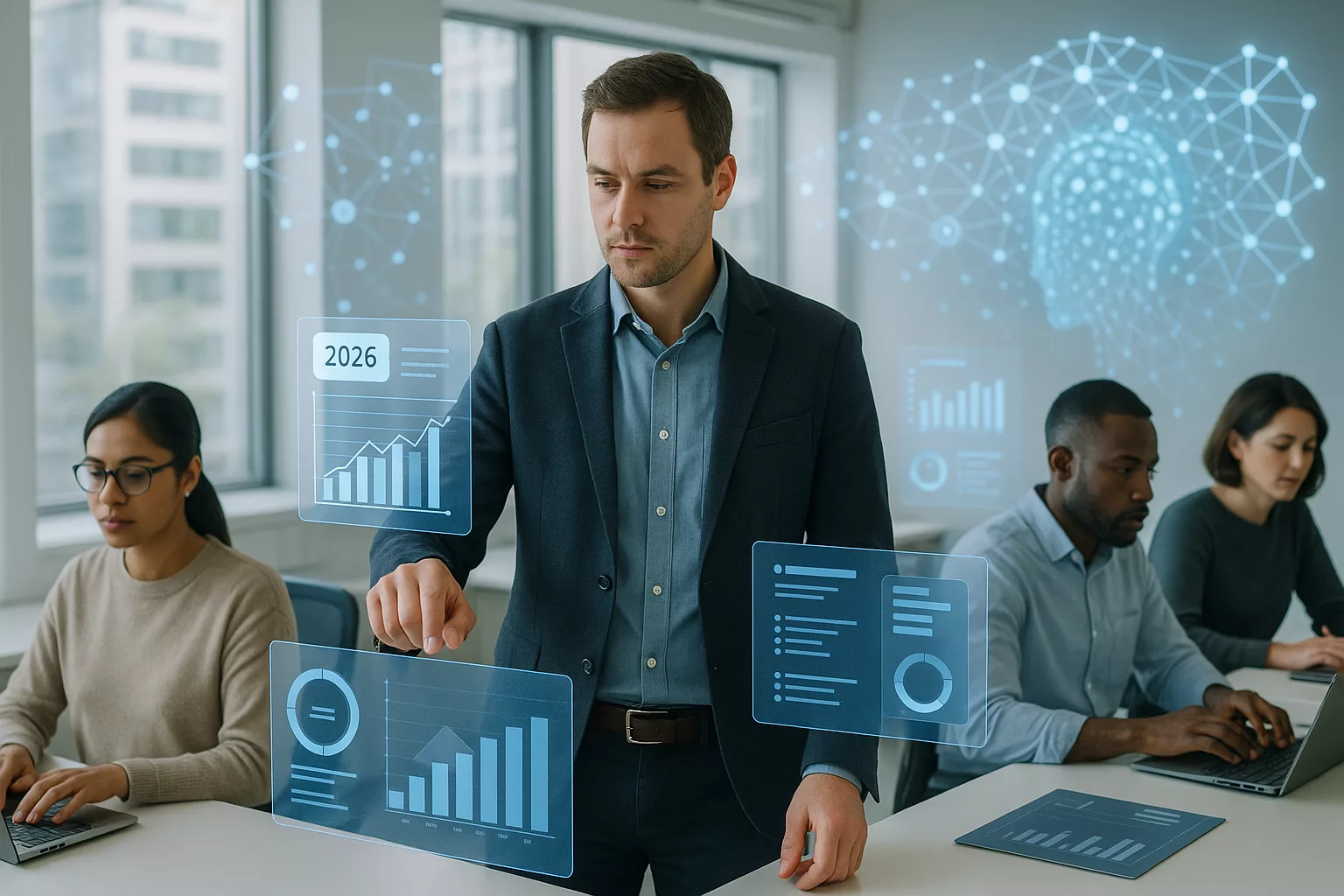 Mitarbeiter arbeiten mit KI in modernem Büro