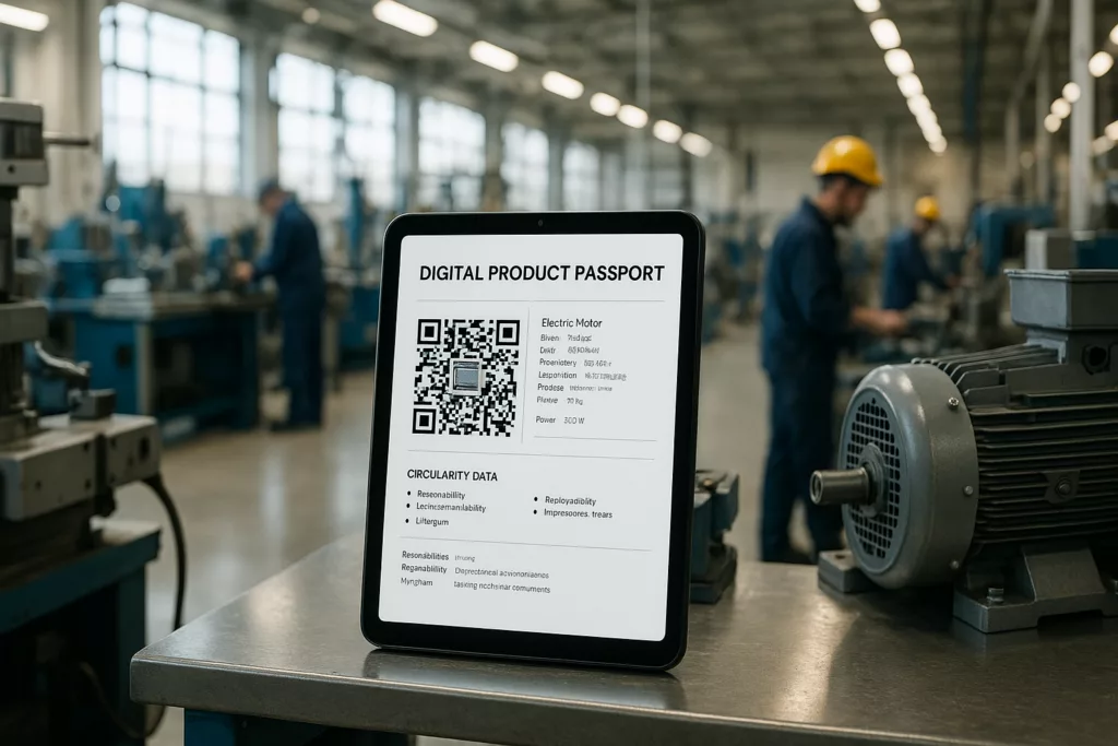 Digitaler Produktpass in Produktionshalle auf Tablet