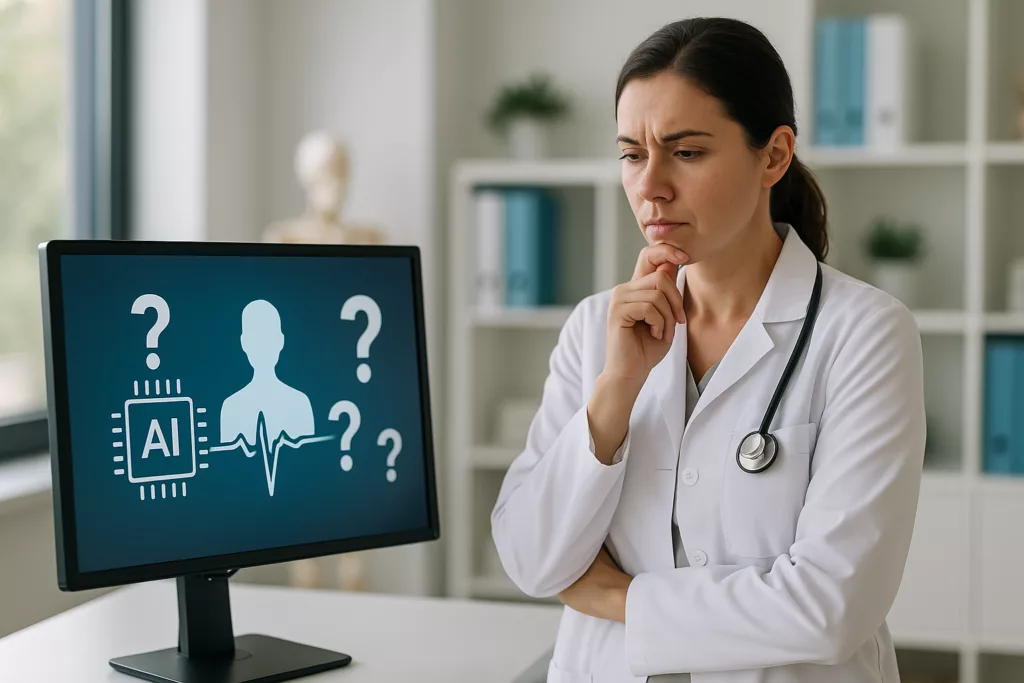 Ärztin betrachtet KI-Gesundheitsinformationen auf Bildschirm