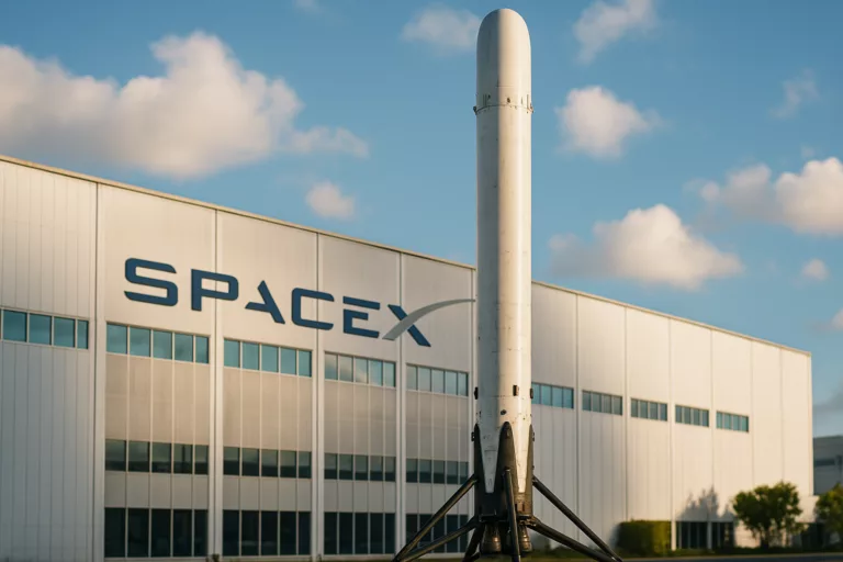 SpaceX-Rakete vor xAI-Fusionsgebäude.