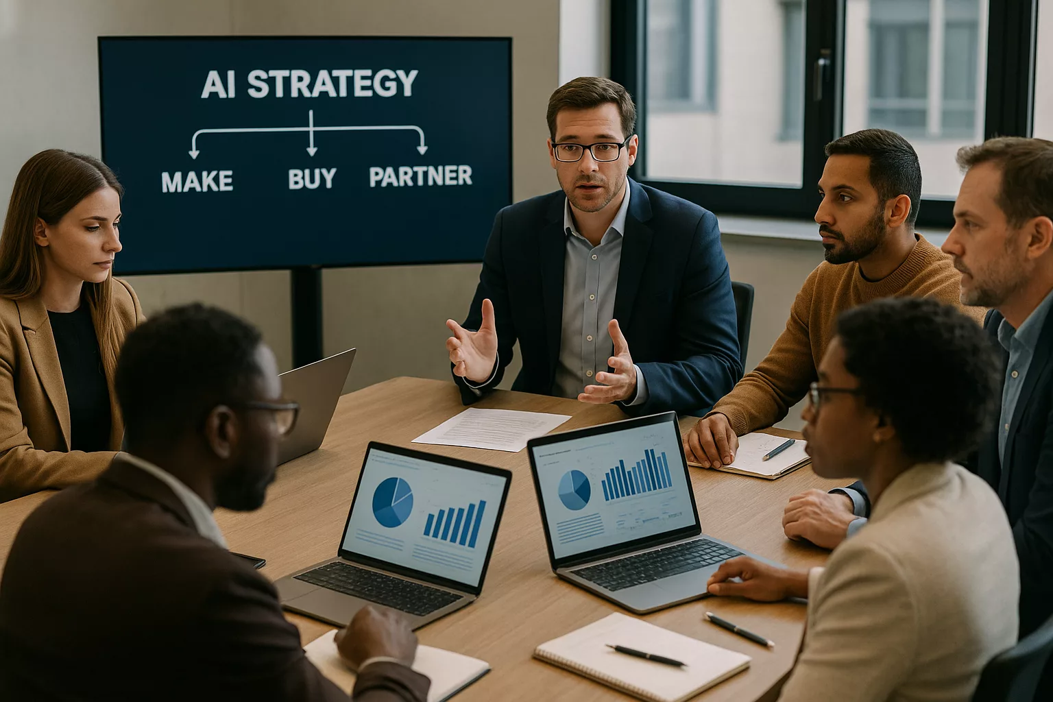 Geschäftsleute diskutieren KI-Strategie im Konferenzraum