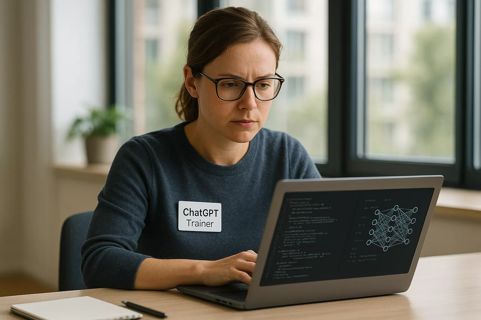 Fokussierte ChatGPT Trainerin am Laptop arbeitend