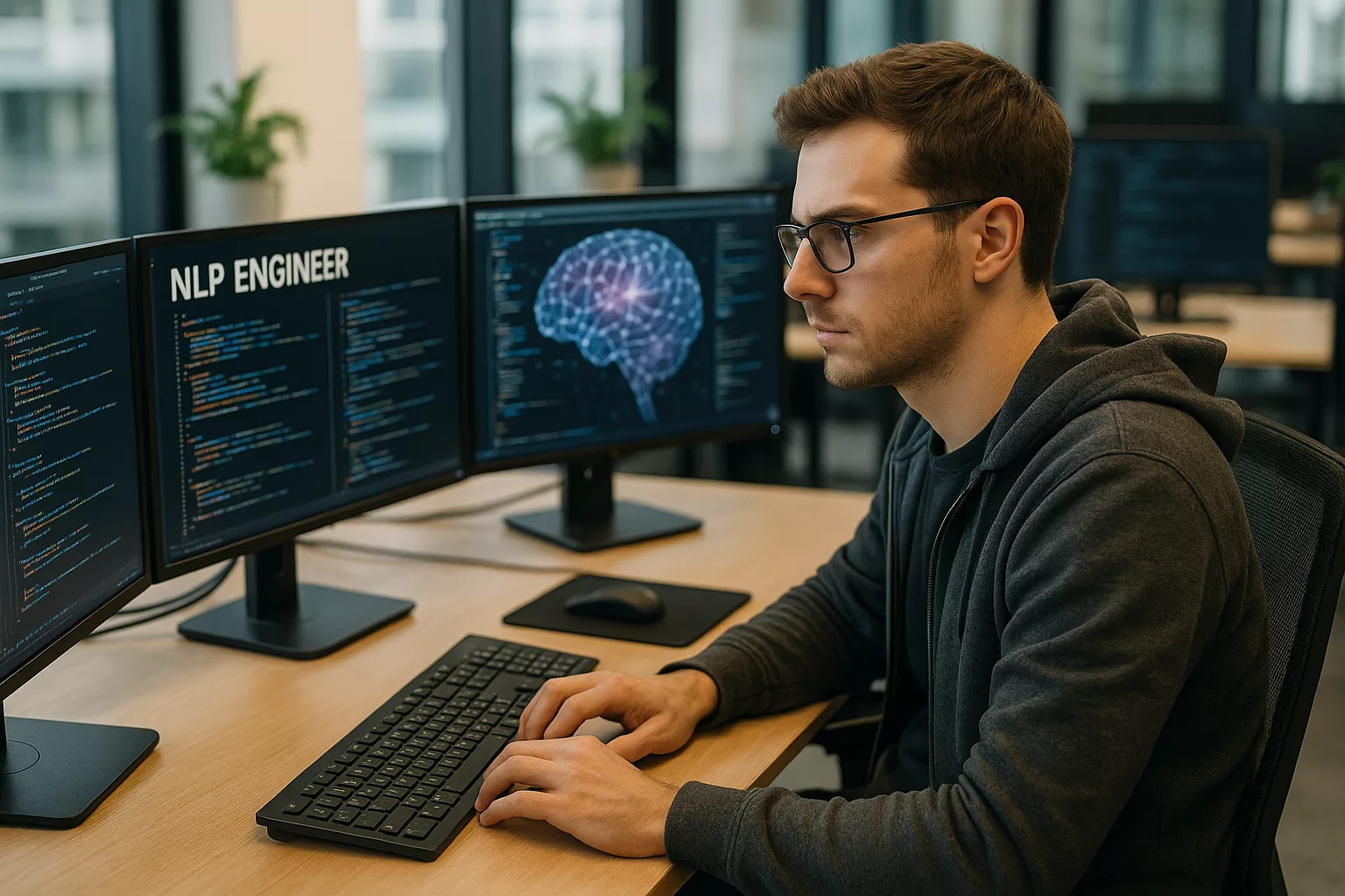 NLP Engineer am Schreibtisch mit KI-Modellen