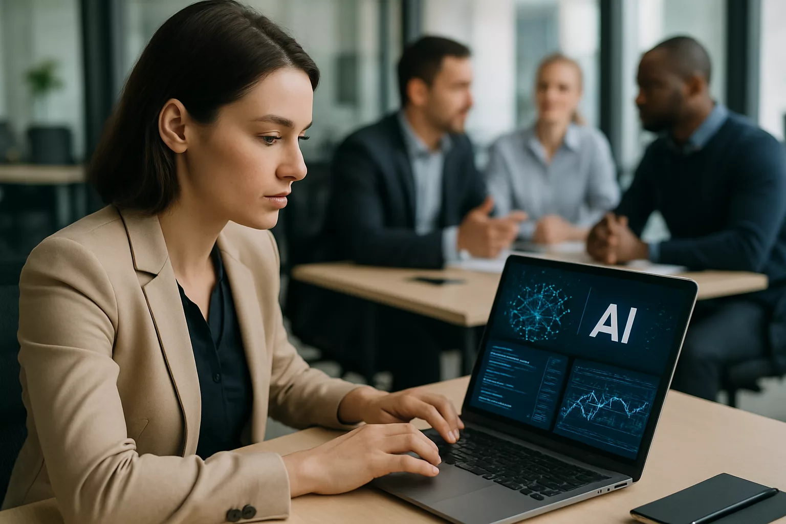 Frau arbeitet als KI-Beauftragte am Algorithmus-Laptop