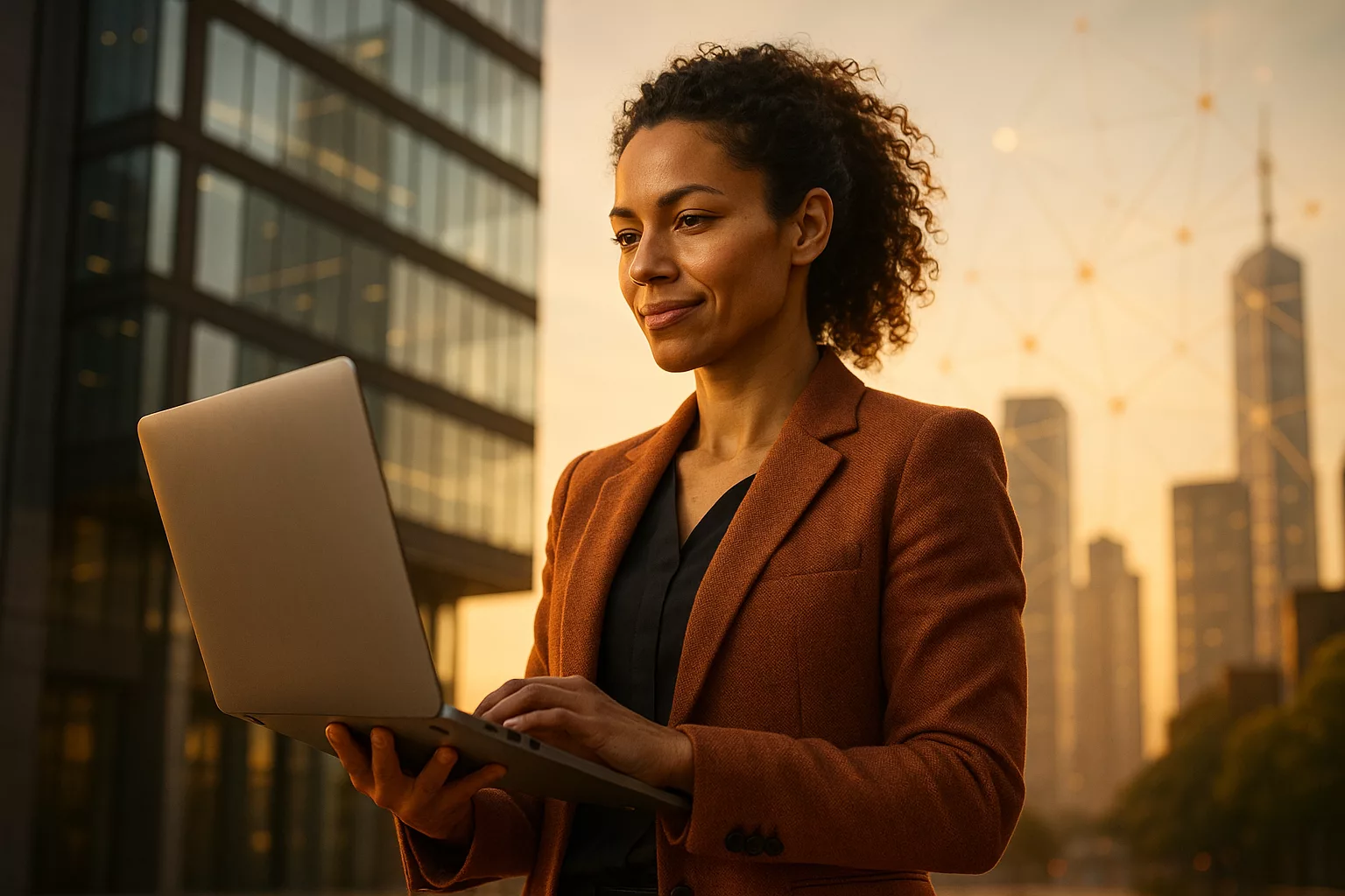 Weibliche AI Leaderin vor Büro mit Laptop