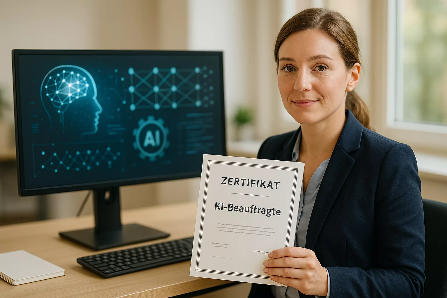 Frau im Büro mit KI-Ausbildungszertifikat