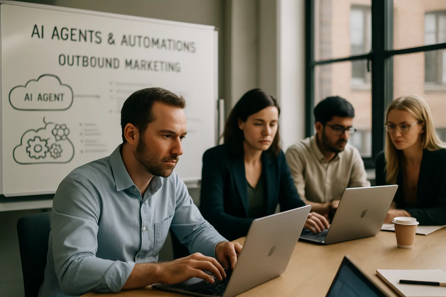 Team entwickelt KI-Strategien im modernen Büro