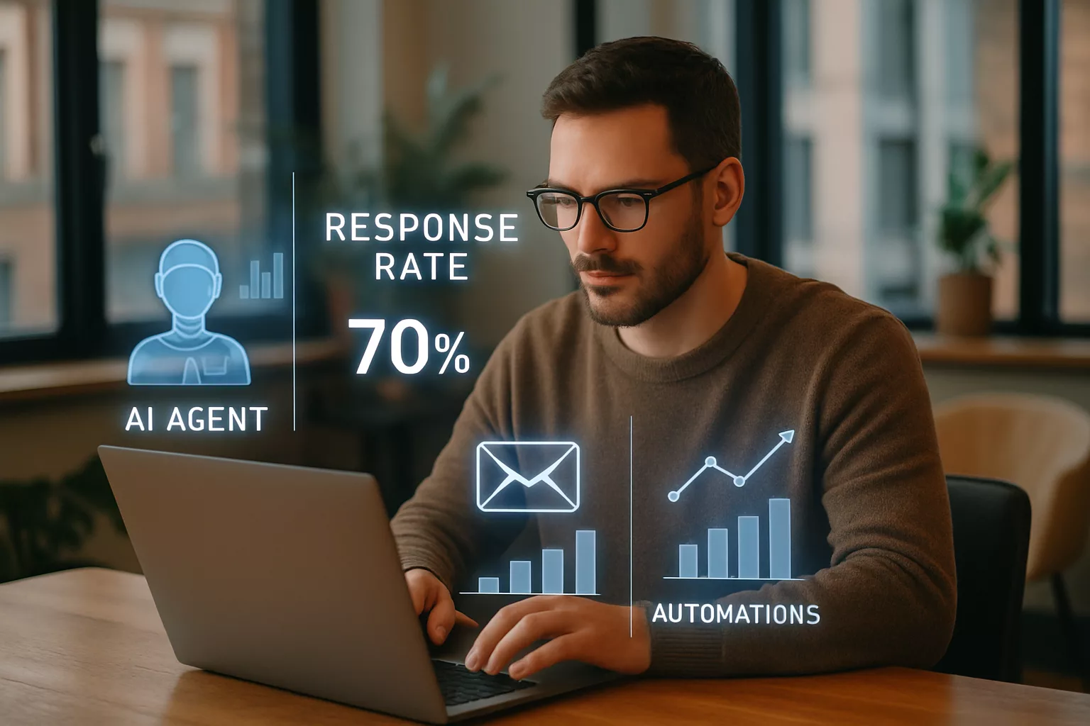 Person am Laptop mit KI-Datenvisualisierungen