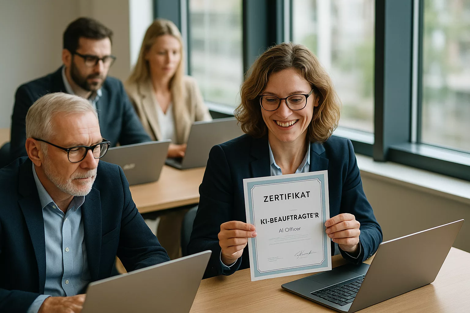 Fachkräfte bei Online-KI-Schulung mit Zertifikat