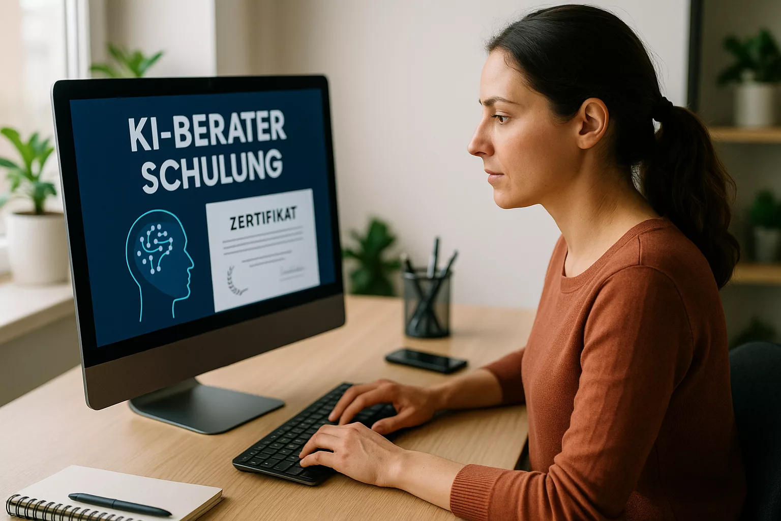 Person lernt konzentriert bei Online-KI-Berater-Schulung