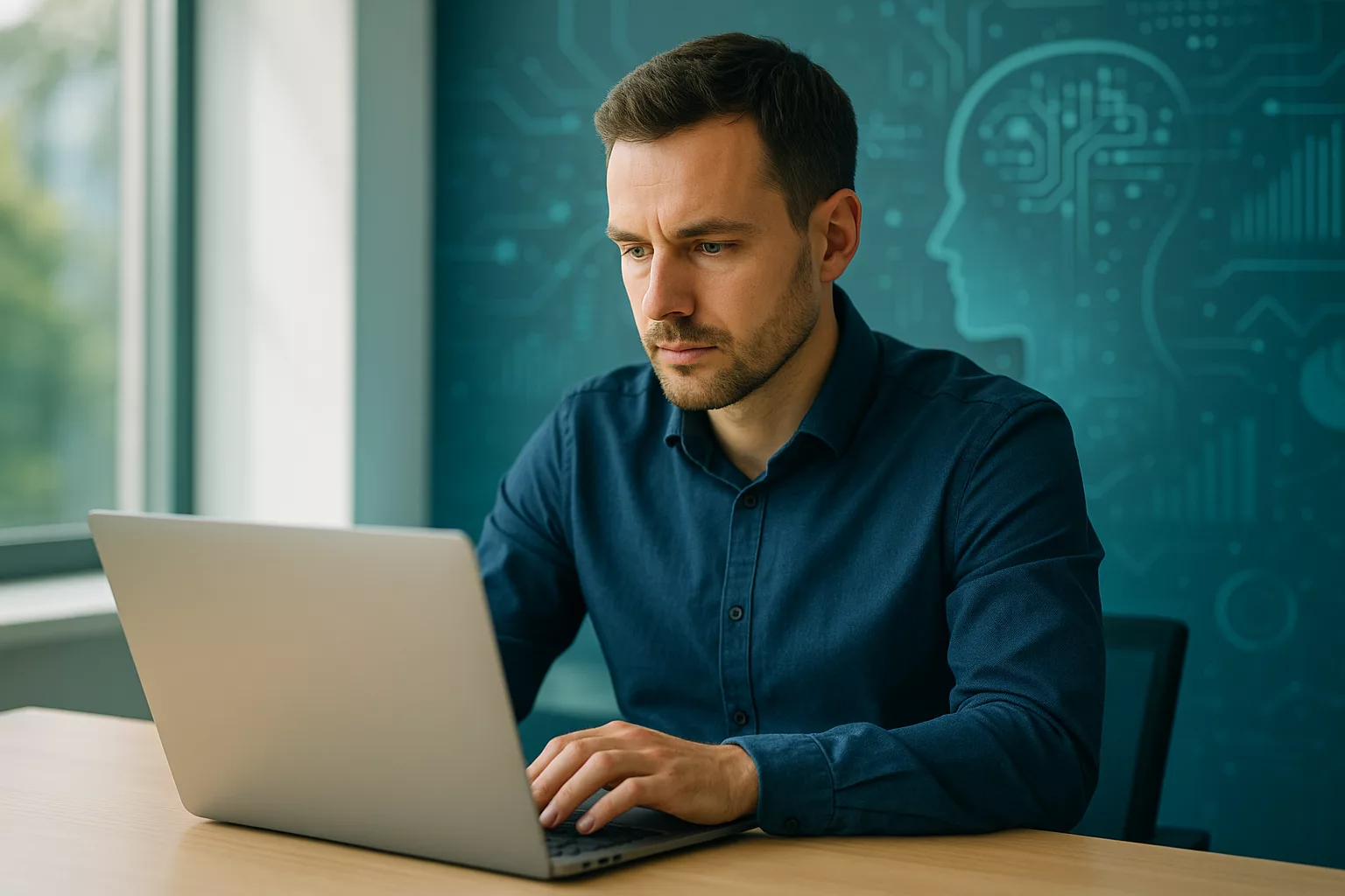 Person arbeitet konzentriert am Laptop, KI-Manager Kurs