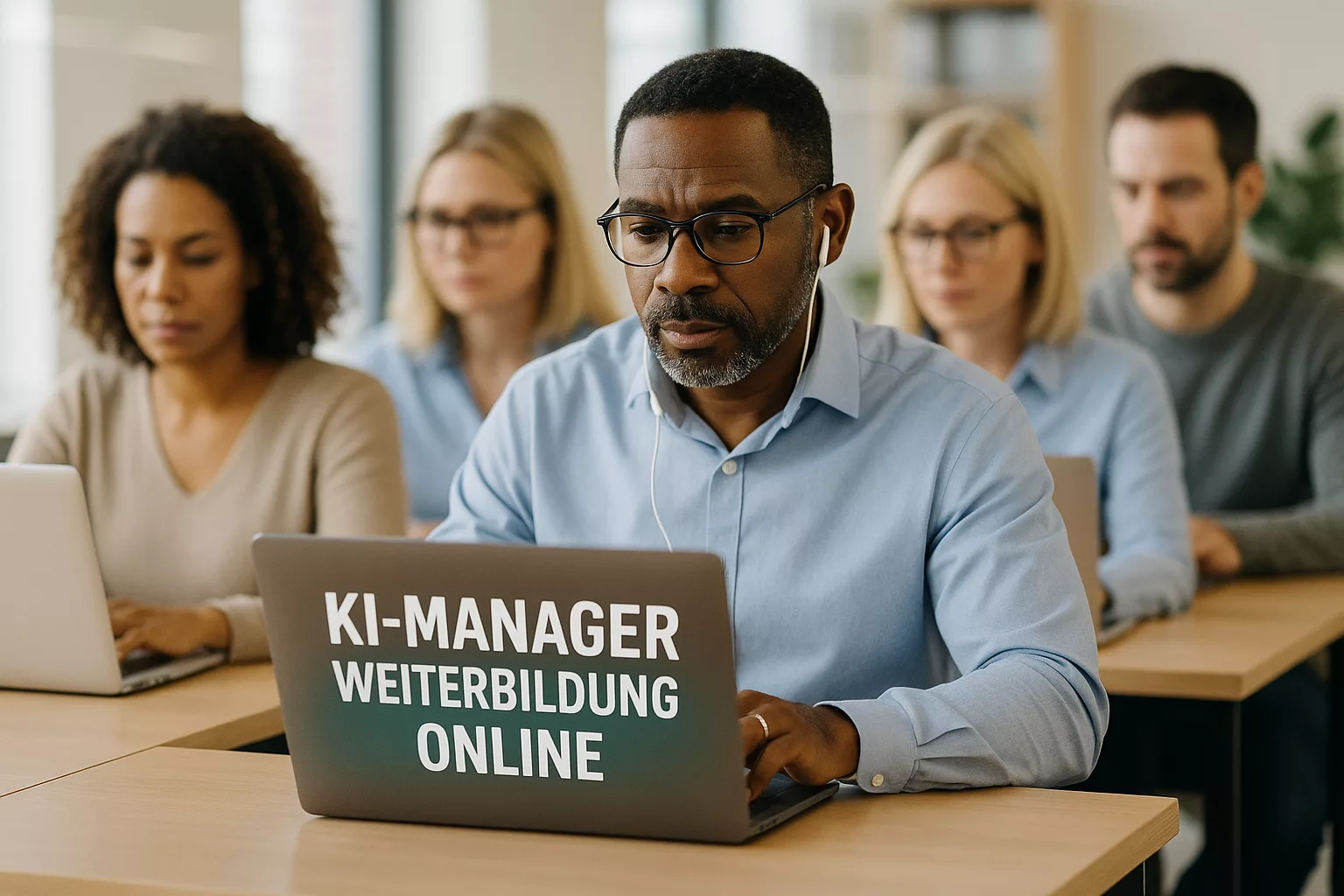Berufsbegleitende KI-Manager Weiterbildung in moderner Büroumgebung