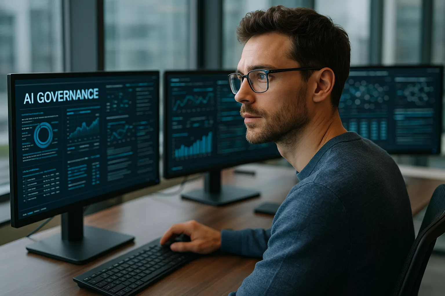 AI-Governance Analyst bei der Arbeit im modernen Büro