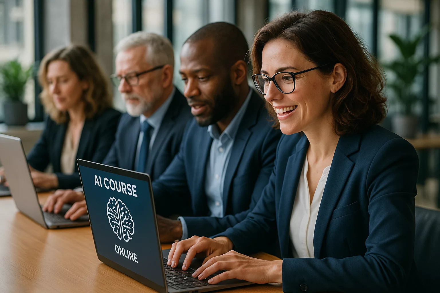 Führungskräfte im modernen Büro beim Online-KI-Kurs