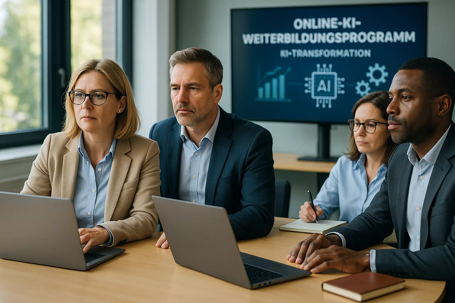 Führungskräfte beim Online-KI-Weiterbildungsprogramm im Büro