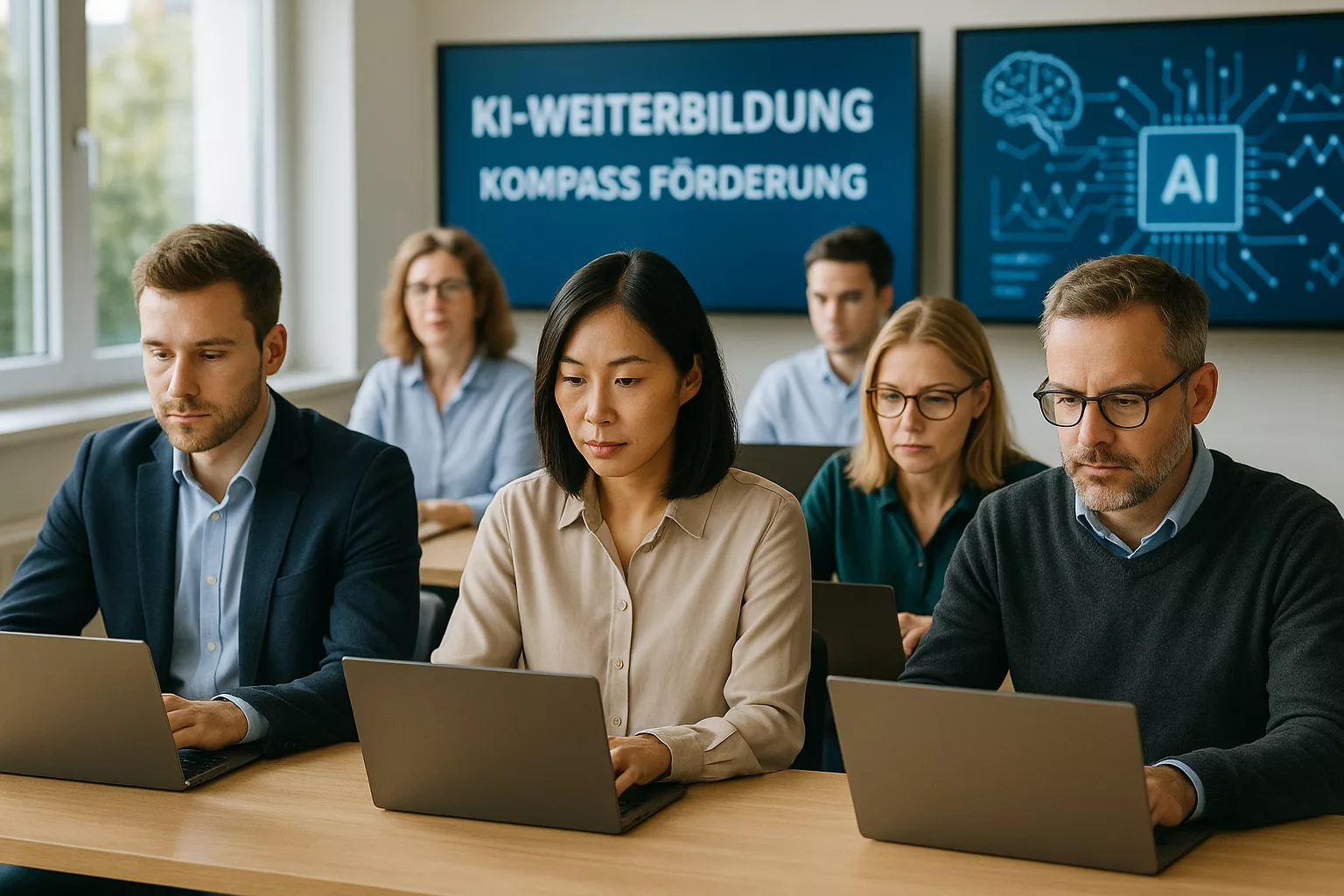 Berufsbegleitende KI-Weiterbildung in modernem Schulungsraum