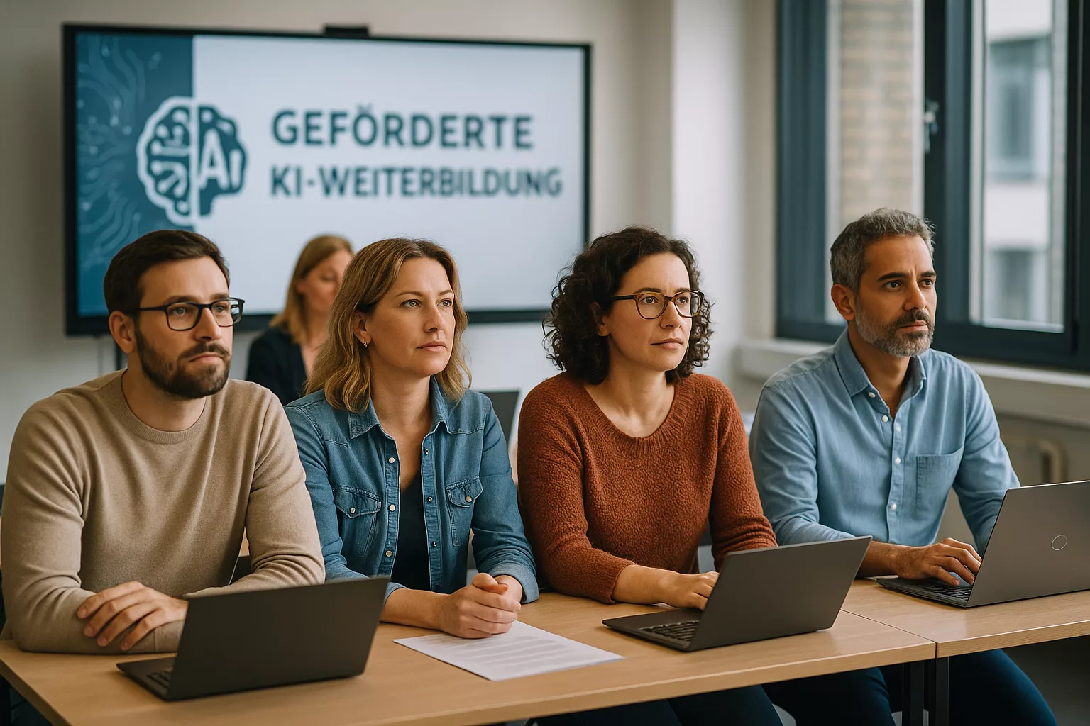 Selbständige bei geförderter KI-Weiterbildung im Seminarraum