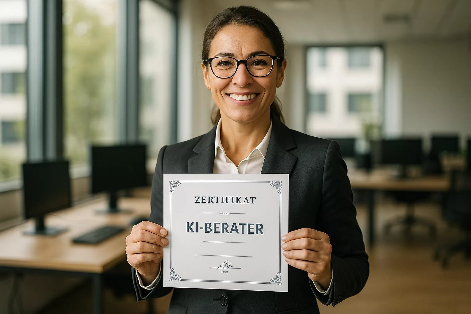 Frau mit KI-Berater Zertifikat im modernen Büro