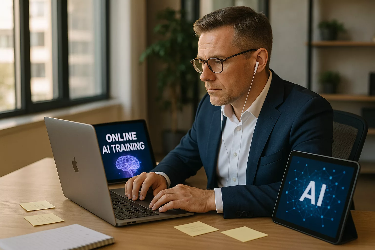 Führungskraft im Online-KI-Training am Laptop